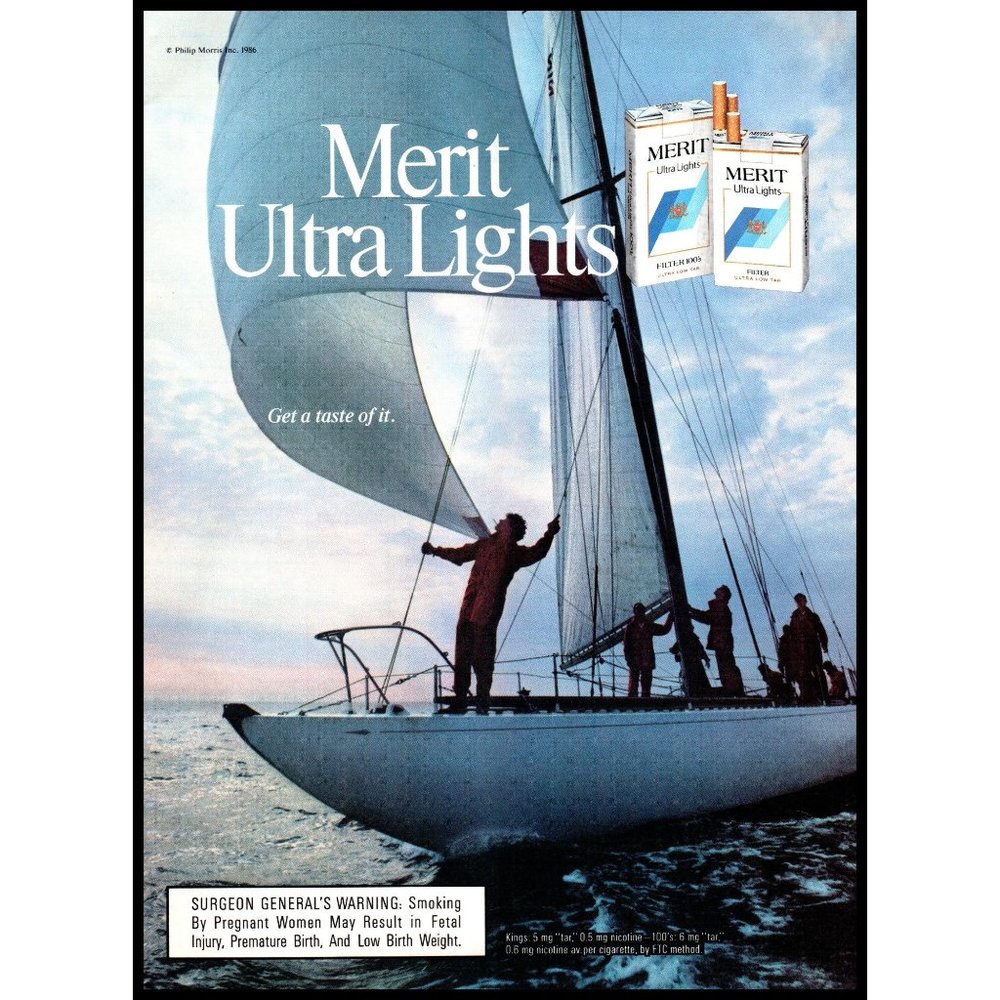 1986 Merit Cigarettes Vintage Print Ad Sailboat Sailing Yacht Nautical Wall Art